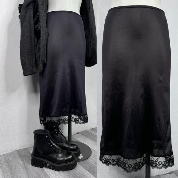 Vintage Dresses & Skirts - Vintage Semi Sheer Slip Skirt Lace Trim Size Small Black Midi Y2K Grunge Goth